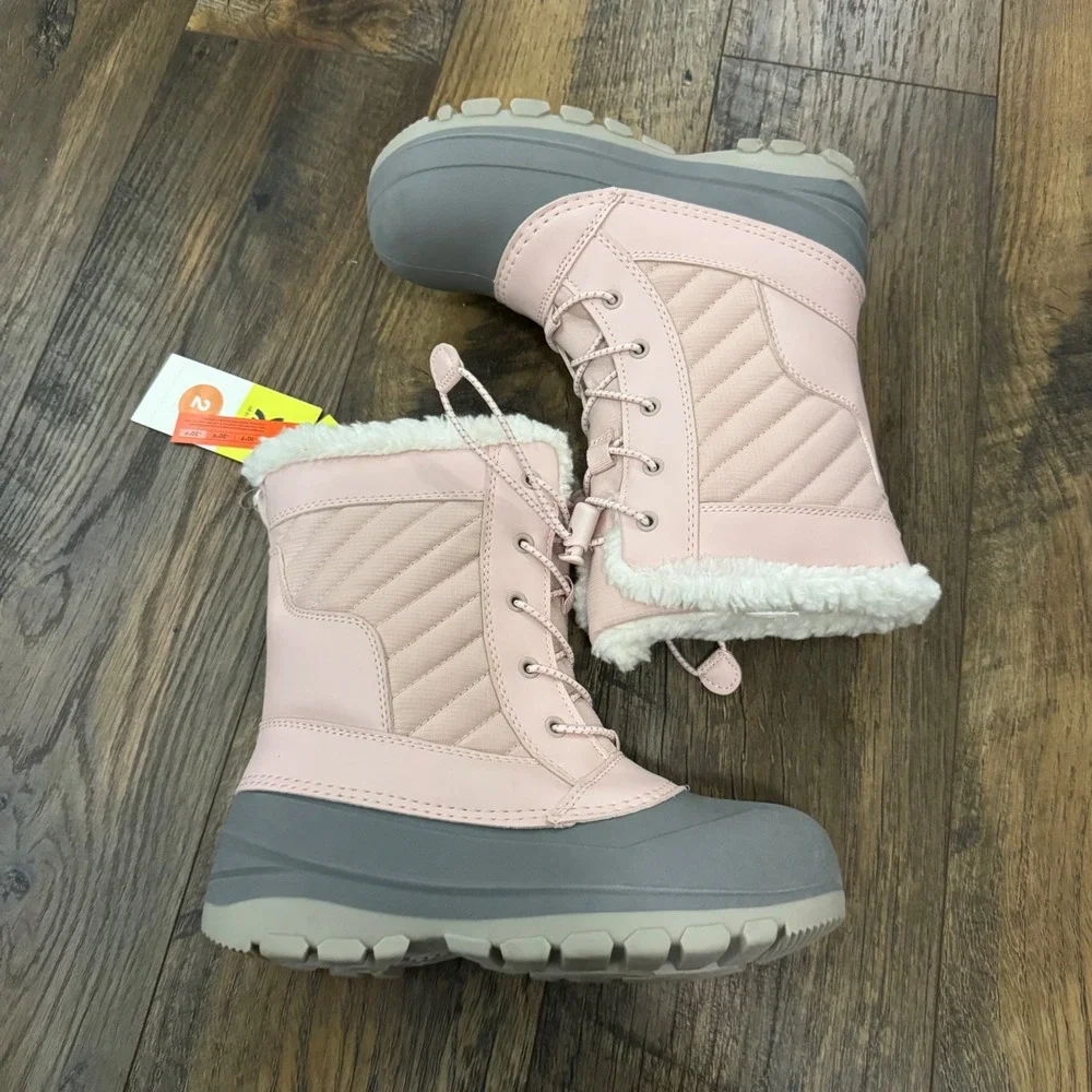 All In Motion Girls‎ 2 Pink Waterproof Snow Boots Coquette Fairy Faux Fur NWT